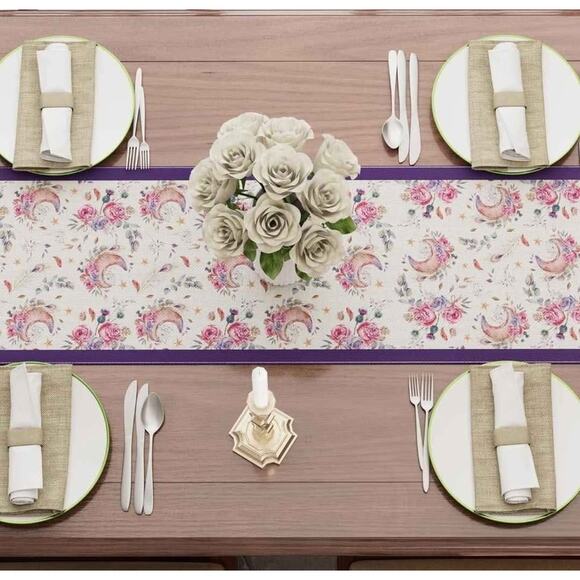 Ramadan Kareem Watercolor Moon Flower Table Runner Burlap Table Decoration , NEW - Picture 4 of 7